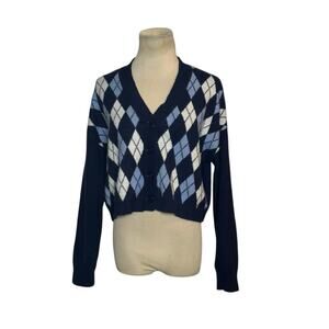 Witty Fox Blue & White Argyle V-Neck Buttoned Cardigan Size Large